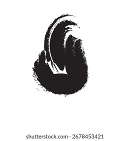 A bold, abstract black brushstroke with a textured, rough appearance. The shape features a dynamic swirl, creating a sense of movement.