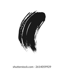 A bold, abstract black paint stroke curves gracefully against a clean white background, a striking element ideal for adding artistic flair to any design.