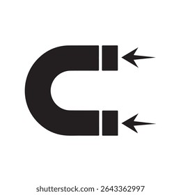A bold, abstract black U-shaped magnet icon with stylized spark lines, symbolizing power, energy, and attraction. Perfect for science-themed branding, electrical services, innovation startups, 