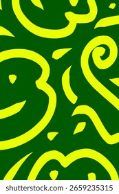  A bold abstract composition featuring dynamic yellow curves and swirls on a deep green background, with a hidden shape resembling a monkey face subtly embedded within the pattern. Ideal for playful