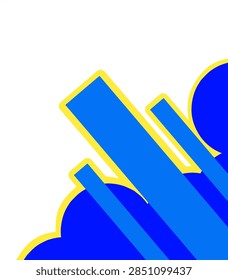 A bold abstract composition featuring dynamic blue geometric shapes outlined in vibrant yellow, arranged diagonally against a clean black background