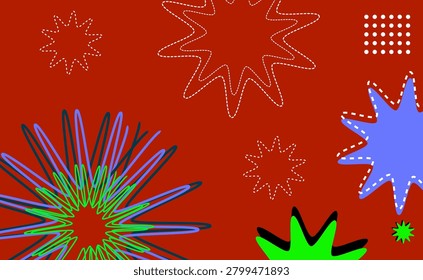 Bold abstract composition featuring neon green starbursts and blue scribble bursts on a deep red background, evoking playful, energetic, modern pop-art and festive graphic design.