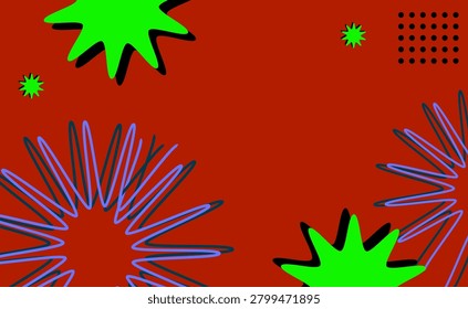 Bold abstract composition featuring neon green starbursts and blue scribble bursts on a deep red background, evoking playful, energetic, modern pop-art and festive graphic design.
