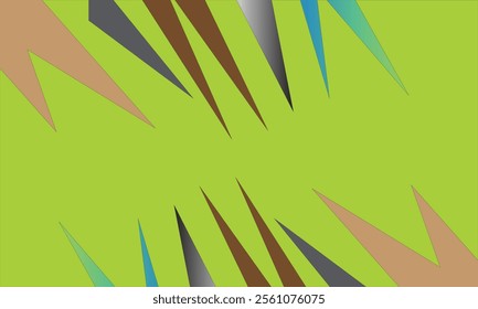 A bold abstract composition featuring sharp, colorful spikes radiating on a green backdrop.