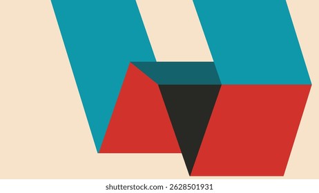 Bold abstract composition of overlapping geometric blocks in red, teal, and black over soft beige. Modern, dimensional visual design.