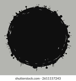 A bold and abstract design in a black circular shape with irregular edges, splatters and drips