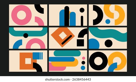 Bold abstract design featuring retro color blocks and playful geometric elements, perfect for modern visual branding or digital decor.