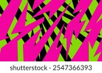 A bold abstract design featuring sharp, jagged shapes in vibrant pink, green, and black, creating a dynamic and high-contrast geometric pattern.