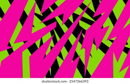 A bold abstract design featuring sharp, jagged shapes in vibrant pink, green, and black, creating a dynamic and high-contrast geometric pattern.