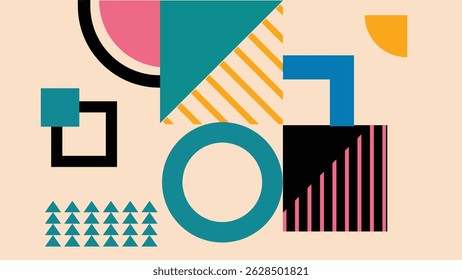 Vet abstract ontwerp met grafische cirkels, strepen, driehoeken en kleurenblokken in roze, blauw, geel en zwart op een zachte beige achtergrond.