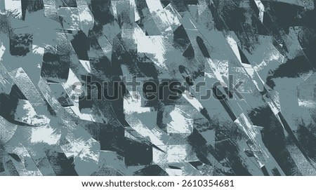Bold abstract design with jagged, overlapping brushstrokes in dark teal, icy white, and slate gray, evoking energetic motion and raw texture across a fragmented canvas