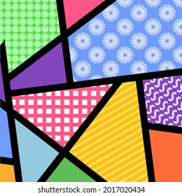 Bold abstract design with Memphis style,multicolored segments, playful geometric patterns, black outlines, and vibrant retro aesthetic across angular shapes.