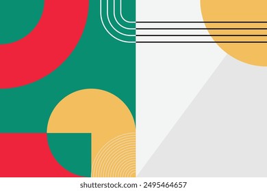 Bold abstract design with rich red and green tones, offset by yellow curves and black lines, ideal for dynamic and engaging visuals