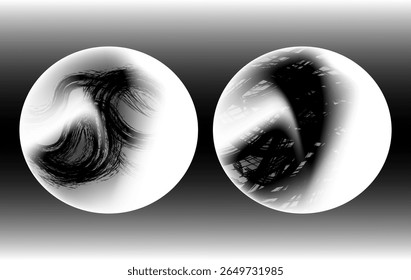 A bold abstract design set featuring two black and white circular shapes with textured brush strokes, grunge effects, and glossy highlights. Ideal for modern posters, digital art, album covers.