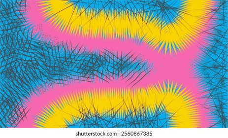 A bold abstract digital design with sharp spikes in vivid yellow, pink, and blue hues intersected by thin black lines, creating a chaotic and energetic geometric pattern, ideal for dynamic wallpapers