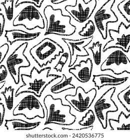 Bold abstract doodle floral pattern of hand drawn organic shapes. Black and white textured botanical print for fashion and decoration.