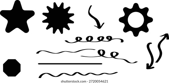 Bold abstract doodle set with star, sun, spiral lines, arrows and creative minimal vector shapes