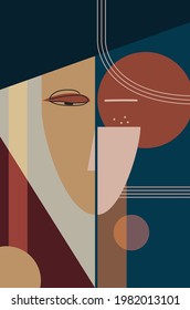 Bold abstract faces. Contemporary portrait art. Abstract expressionist. Modern figure graphic design. Vector illustration. Geometrical shapes. Wall decoration.