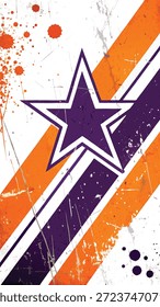Um abstrato e arrojado com uma grande estrela roxa sobreposta em listras diagonais angustiadas de laranja e branco, com manchas de tinta.