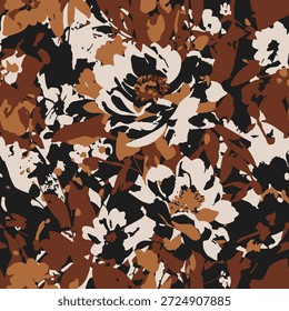 Patrón floral abstracto audaz con tonos terrosos sobre fondo negro