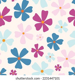 Fett abstraktes, florales nahtloses Vektormuster. Helle bunt, rosa, blau und magentafarbene Blumen. Quirkisches, lustiges, grafisches Design. Wiederholen Sie den Hintergrundhintergrund und die Textur.