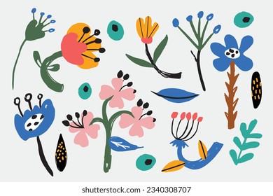 Bold abstract flowers, hand drawn blossoms and leaves. Floral elements. Modern bold floral elements set, minimal design, vector illustration. Leaves, flowers, grass branches berries