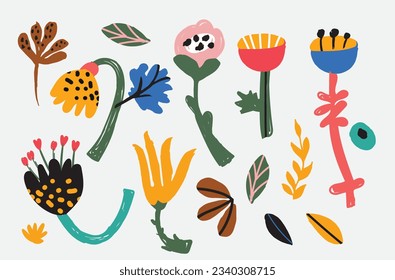Bold abstract flowers, hand drawn blossoms and leaves. Floral elements. Modern bold floral elements set, minimal design, vector illustration. Leaves, flowers, grass branches berries