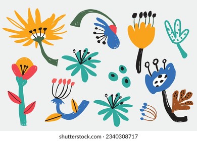 Bold abstract flowers, hand drawn blossoms and leaves. Floral elements. Modern bold floral elements set, minimal design, vector illustration. Leaves, flowers, grass branches berries