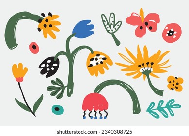 Bold abstract flowers, hand drawn blossoms and leaves. Floral elements. Modern bold floral elements set, minimal design, vector illustration. Leaves, flowers, grass branches berries