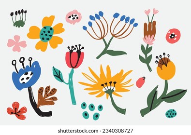 Flores abstractas, flores dibujadas a mano y hojas. Elementos florales. Conjunto moderno de elementos florales en negrita, diseño mínimo, ilustración vectorial. Hojas, flores, bayas de hierba