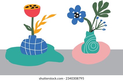 Bold abstract flowers, hand drawn blossoms and leaves in vases. Floral elements. Modern bold floral elements set, minimal design, vector illustration. Leaves, flowers, grass branches