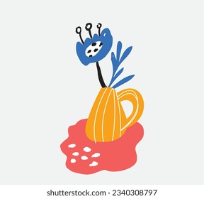 Bold abstract flowers, hand drawn blossoms and leaves in vases. Floral elements. Modern bold floral elements set, minimal design, vector illustration. Leaves, flowers, grass branches