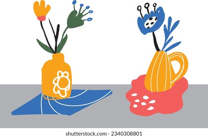 Bold abstract flowers, hand drawn blossoms and leaves in vases. Floral elements. Modern bold floral elements set, minimal design, vector illustration. Leaves, flowers, grass branches