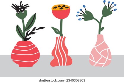 Bold abstract flowers, hand drawn blossoms and leaves in vases. Floral elements. Modern bold floral elements set, minimal design, vector illustration. Leaves, flowers, grass branches