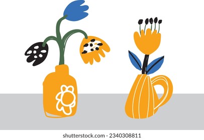 Bold abstract flowers, hand drawn blossoms and leaves in vases. Floral elements. Modern bold floral elements set, minimal design, vector illustration. Leaves, flowers, grass branches