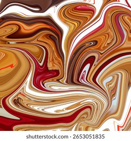 Bold abstract fluid artwork in red, tan, and white tones with rich swirling patterns and striking visual impact.