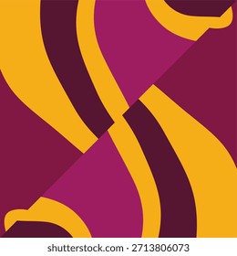 Diseño atrevido, abstracto y de cuatro cuadrantes con rayas en forma de remolino en mostaza, magenta y púrpura profundo.