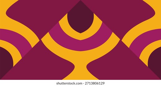 Um fundo geométrico abstrato e arrojado em tons quentes de marrom, magenta e ouro com semicírculos concêntricos e formas triangulares criando uma composição rítmica em camadas.