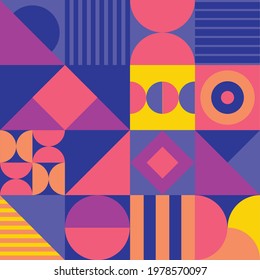 Bold abstract geometric neo seamless vector pattern. Purple, coral pink, orange and yellow vibrant design. Repeat modern, futuristic, retro, Bauhaus, colourful background texture with minimalist shape