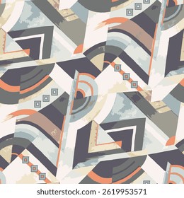 Bold abstract geometric pattern featuring dynamic angles, muted earth tones, and layered textures. Suitable for contemporary apparel, home decor, and statement fabric designs.