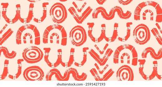 Formas geométricas abstratas em negrito desenhadas à mão com cor rosa em padrão contínuo. Formas básicas simples de doodle circular isoladas sobre fundo de creme