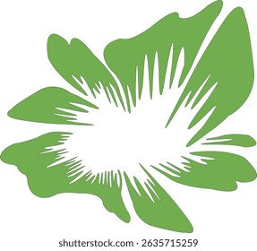 A bold, abstract green leaf shape with sharp, fluid cutouts, evoking motion and organic energy in a minimalist form.