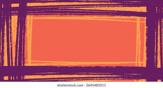 Bold Abstract Grunge Frame in Orange and Purple. Hand painted sketchy border on vivid background perfect for cards, patterns, print, web