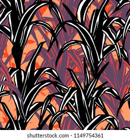 Bold abstract jungle background with silhouette of paradise tropics and banana leaves. Vector seamless floral pattern with tropical nature and shape of palm leaves and fern. Summer tropical background