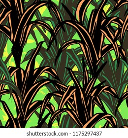 Bold abstract jungle background with silhouette of paradise tropics and banana leaves. Vector seamless floral pattern with tropical nature and shape of palm leaves and fern. Summer tropical background