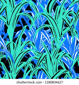 Bold abstract jungle background with silhouette of paradise tropics and banana leaves. Vector seamless floral pattern with tropical nature and shape of palm leaves and fern. Summer tropical background