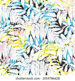 Bold abstract jungle print with silhouette of paradise island foliage. Vector seamless floral pattern inspired by tropical nature and plants with shape of palm leave and ferns. Summer background