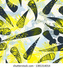 Bold abstract jungle print with silhouette of paradise island foliage. Vector seamless floral pattern inspired by tropical nature and plants with shape of palm leave and trees. Summer background