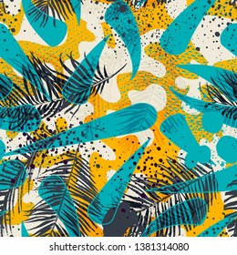 Bold abstract jungle print with silhouette of paradise island foliage. Vector seamless floral pattern inspired by tropical nature and plants with shape of palm leave and trees. Summer background