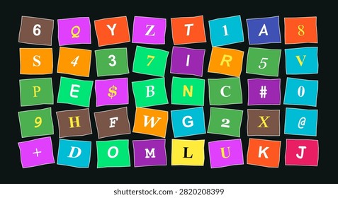 Bold, abstract keyboard design with a mix of purple, orange, green, and red keys displaying alphanumeric characters and symbols.